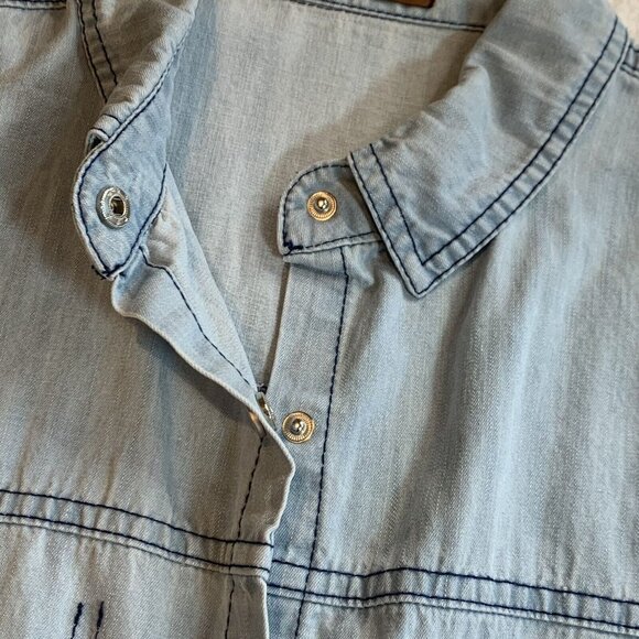 POL Women's Plaid Pocket Long Sleeve Snap Boho Western Denim Top Size S Blue - Picture 4 of 10